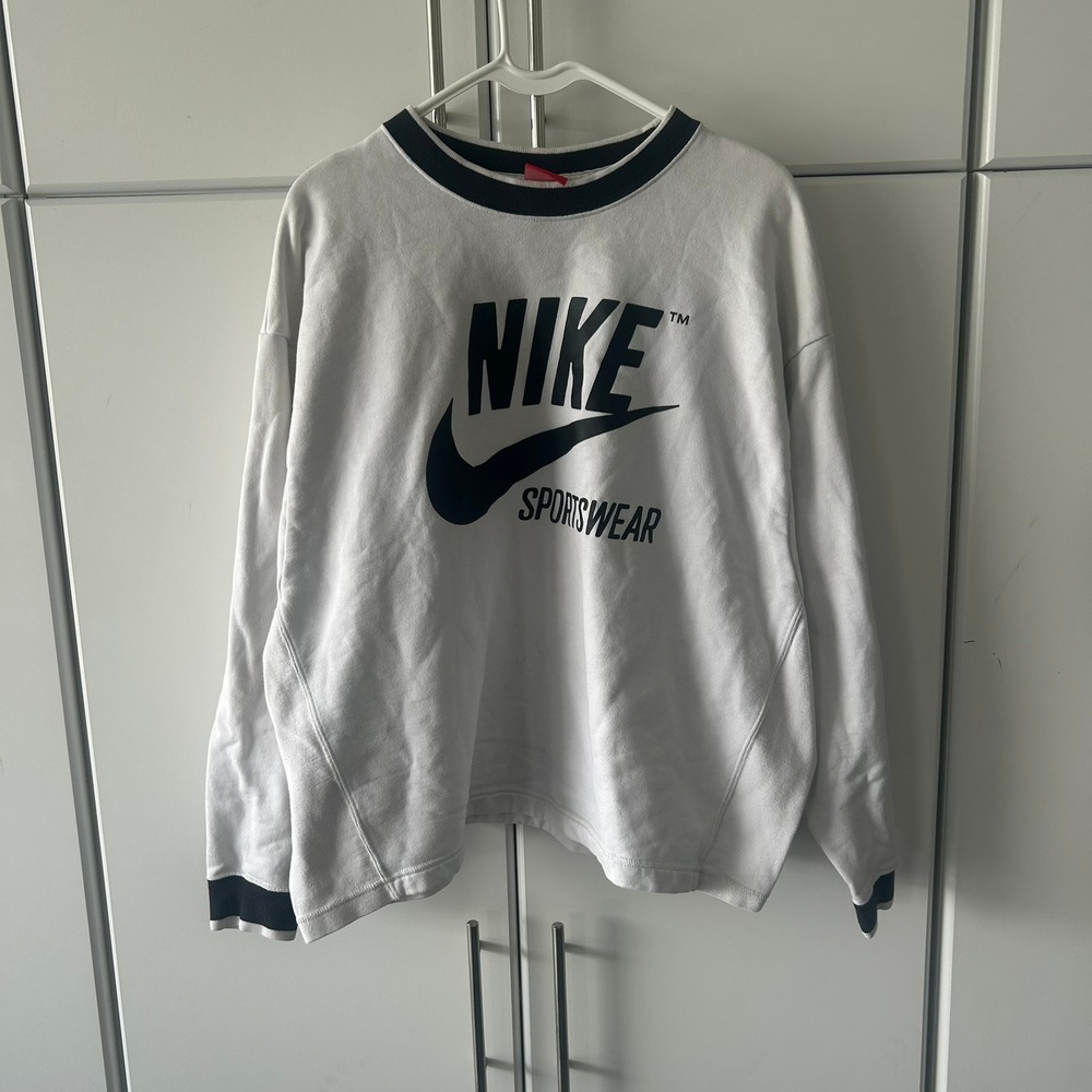 Nike Sportswear Crewneck Sweatshirt White Black Logo Contrast Trim Large Logo
